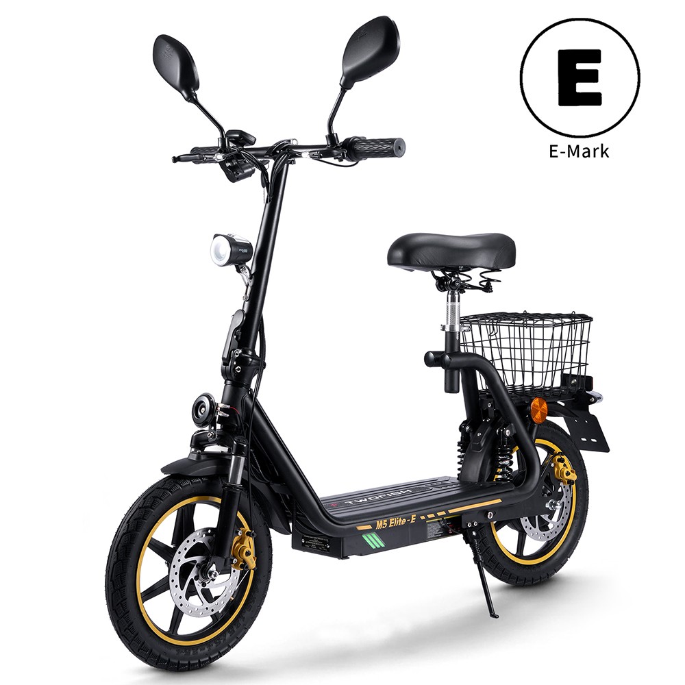 TWOFISH M5 Elite-E EEC-zertifizierter Elektroroller mit Sitz und Hinterkorb, 500W Motor, 48V 13Ah Batterie, 14 Zoll Reifen, 40 km/h H&ouml;chstgeschwindigkeit, 30 km Reichweite, Doppel-Scheibenbremsen, Vorder- und Hintersto&szlig;d&auml;mpfer - Schwarz