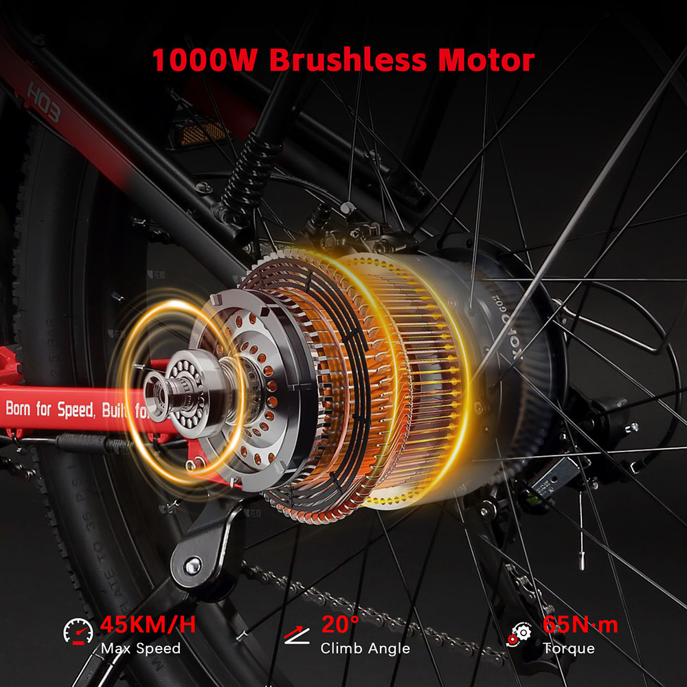 Halo Knight H03 Elektromos Kerékpár, 1000 W-os Motor, 48 V 19,2 Ah Akkumulátor, 27,5 * 3,0 hüvelykes Gumiabroncs, 50 km/h Max. Sebesség, 90 km Max. Hatótávolság, Hidraulikus Fékek, Shimano 7 Sebességváltó - Piros