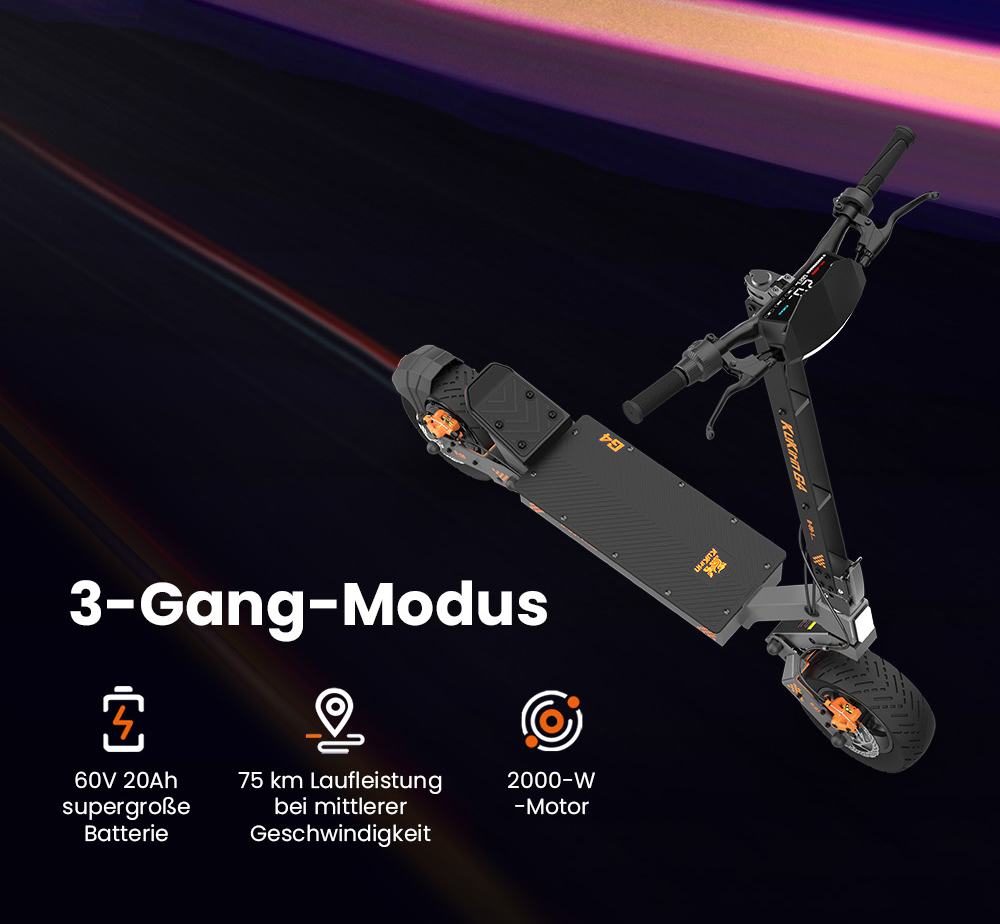 KuKirin G4 Elektroroller, 2000 W Motor, 60 V 20 Ah Akku, 11 Zoll Reifen, 70 km/h H&ouml;chstgeschwindigkeit, 75 km Reichweite, Scheibenbremsen vorne und hinten, Vierarm-Sto&szlig;d&auml;mpfer