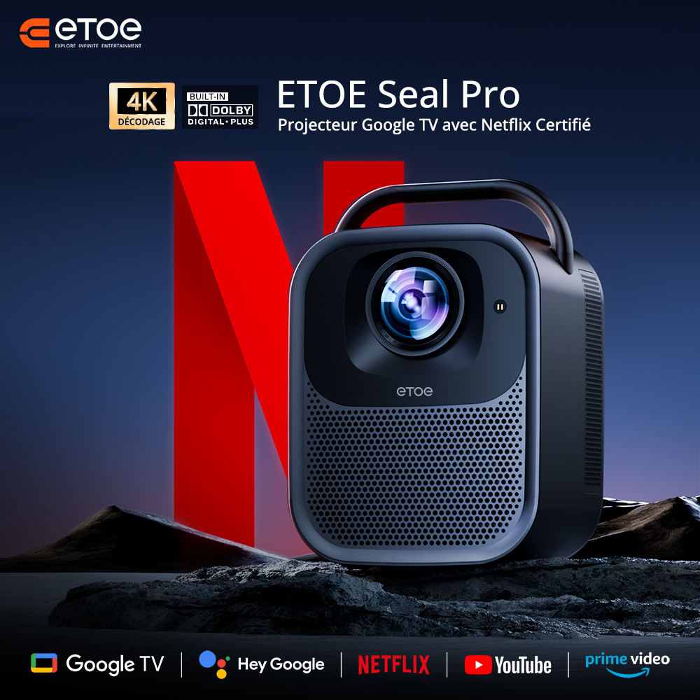 [Version Améliorée] ETOE Seal Pro Projecteur 1300 ANSI 1080P – Netflix & Google TV, Dolby Audio, Mise au Point Automatique, 2x10W Haut-parleurs