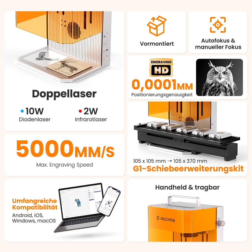 Mecpow X1 Dual-Laserschneider und -gravierer, 2 W Infrarot und 10 W Diode, 5000 mm/s Geschwindigkeit, 105&times;105 mm