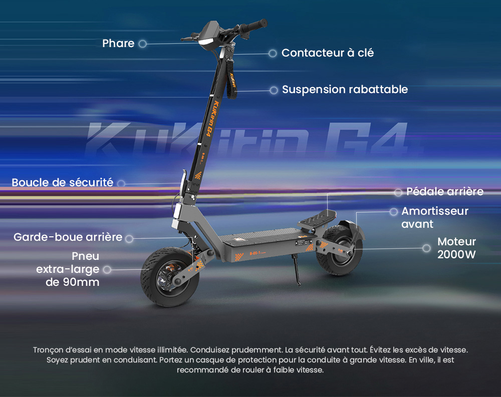 KuKirin G4 Trottinette &eacute;lectrique, moteur 2 x 1&nbsp;000 W, batterie 60 V 20 Ah, pneus 11 pouces, vitesse maximale 70 km/h, autonomie 75 km, freins &agrave; disque avant et arri&egrave;re, amortisseur &agrave; quatre bras