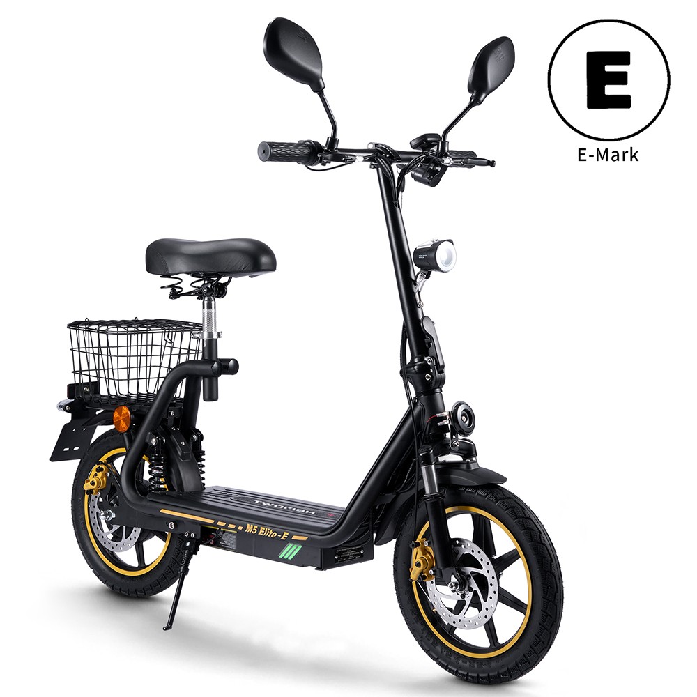 TWOFISH M5 Elite-E EEC-zertifizierter Elektroroller mit Sitz und Hinterkorb, 500W Motor, 48V 13Ah Batterie, 14 Zoll Reifen, 40 km/h H&ouml;chstgeschwindigkeit, 30 km Reichweite, Doppel-Scheibenbremsen, Vorder- und Hintersto&szlig;d&auml;mpfer - Schwarz