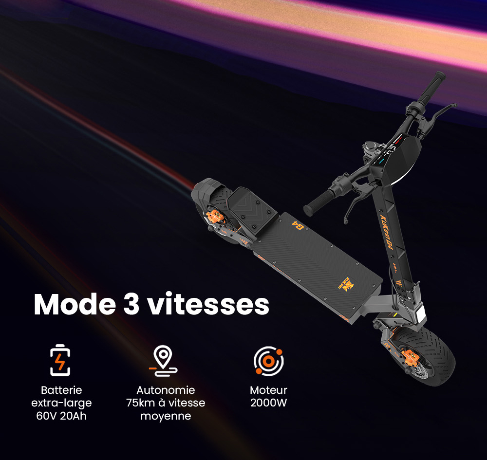 KuKirin G4 Trottinette &eacute;lectrique, moteur 2 x 1&nbsp;000 W, batterie 60 V 20 Ah, pneus 11 pouces, vitesse maximale 70 km/h, autonomie 75 km, freins &agrave; disque avant et arri&egrave;re, amortisseur &agrave; quatre bras