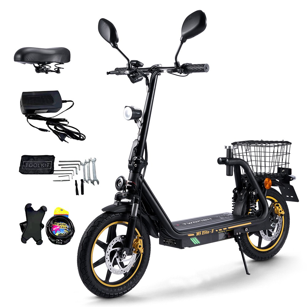 TWOFISH M5 Elite-E EEC-zertifizierter Elektroroller mit Sitz und Hinterkorb, 500W Motor, 48V 13Ah Batterie, 14 Zoll Reifen, 40 km/h H&ouml;chstgeschwindigkeit, 30 km Reichweite, Doppel-Scheibenbremsen, Vorder- und Hintersto&szlig;d&auml;mpfer - Schwarz