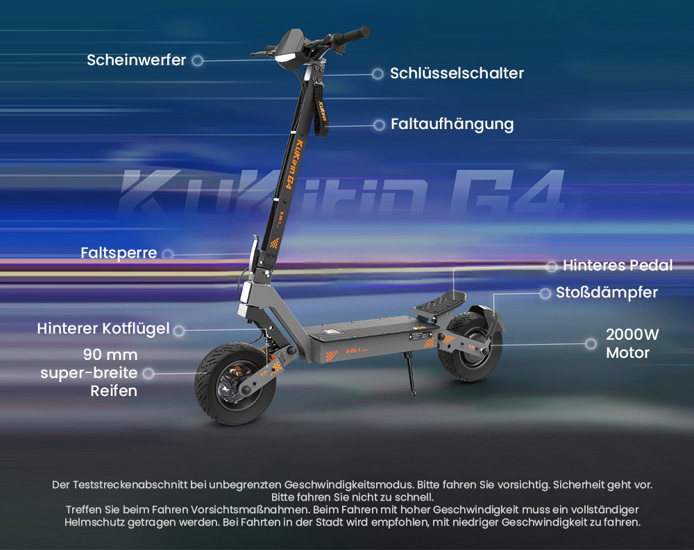 KuKirin G4 Elektroroller, 2 x 1000 W Motor, 60 V 20 Ah Akku, 11 Zoll Reifen, 70 km/h H&ouml;chstgeschwindigkeit, 75 km Reichweite, Scheibenbremsen vorne und hinten, Vierarm-Sto&szlig;d&auml;mpfer