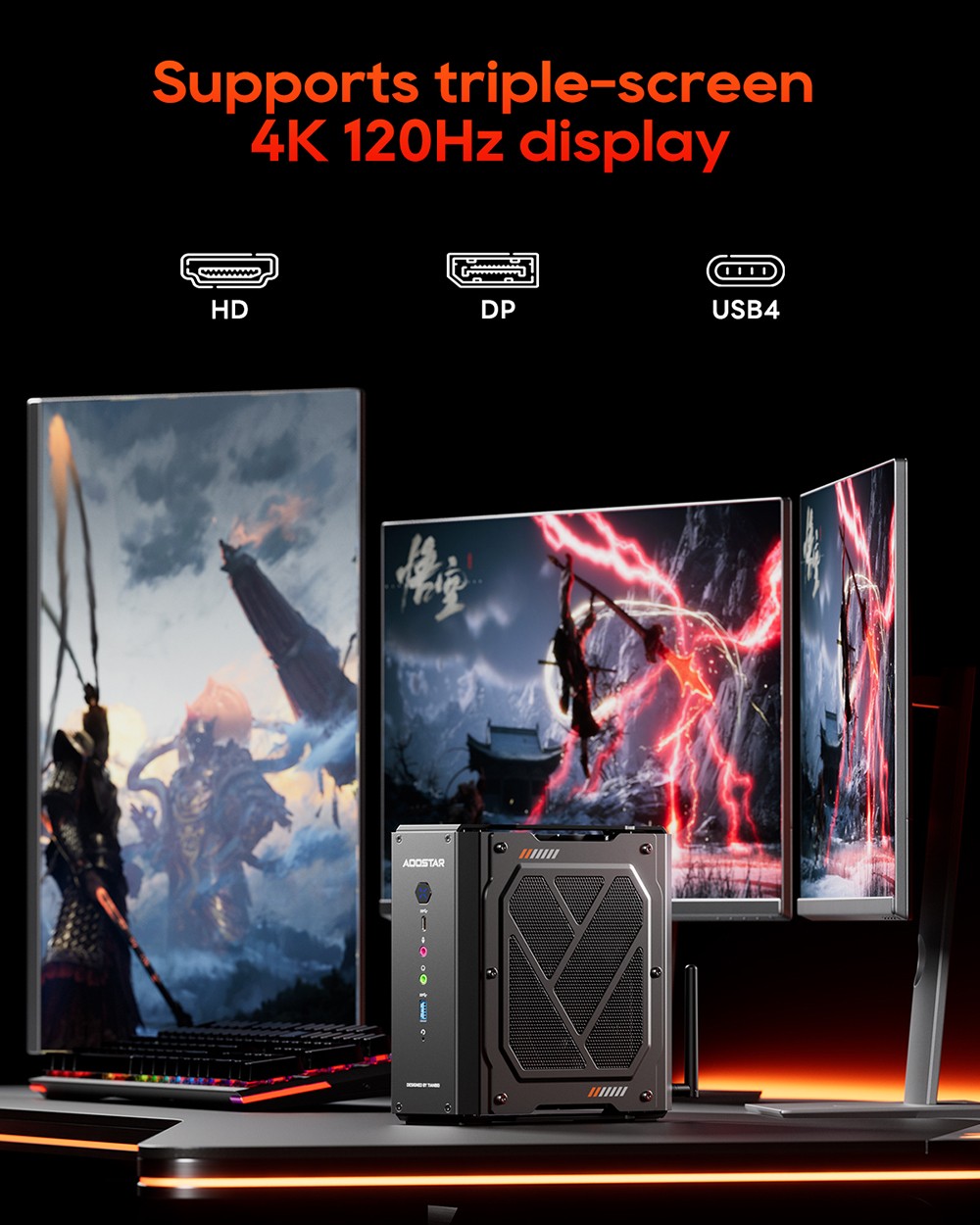 AOOSTAR GODY Mini PC, AMD Ryzen 9 7940HX 16 jadier max. 5,2 GHz, AMD Radeon RX 7600XT 8 GB GDDR6, 32 GB RAM 1 TB SSD, HDMI + DP + USB4 4K 120 Hz trojitý displej, WiFi 7, 5*USB3.2, 2*2.5G RJ45, 2*Type-C, 1*Headphone Jack - EU Plug