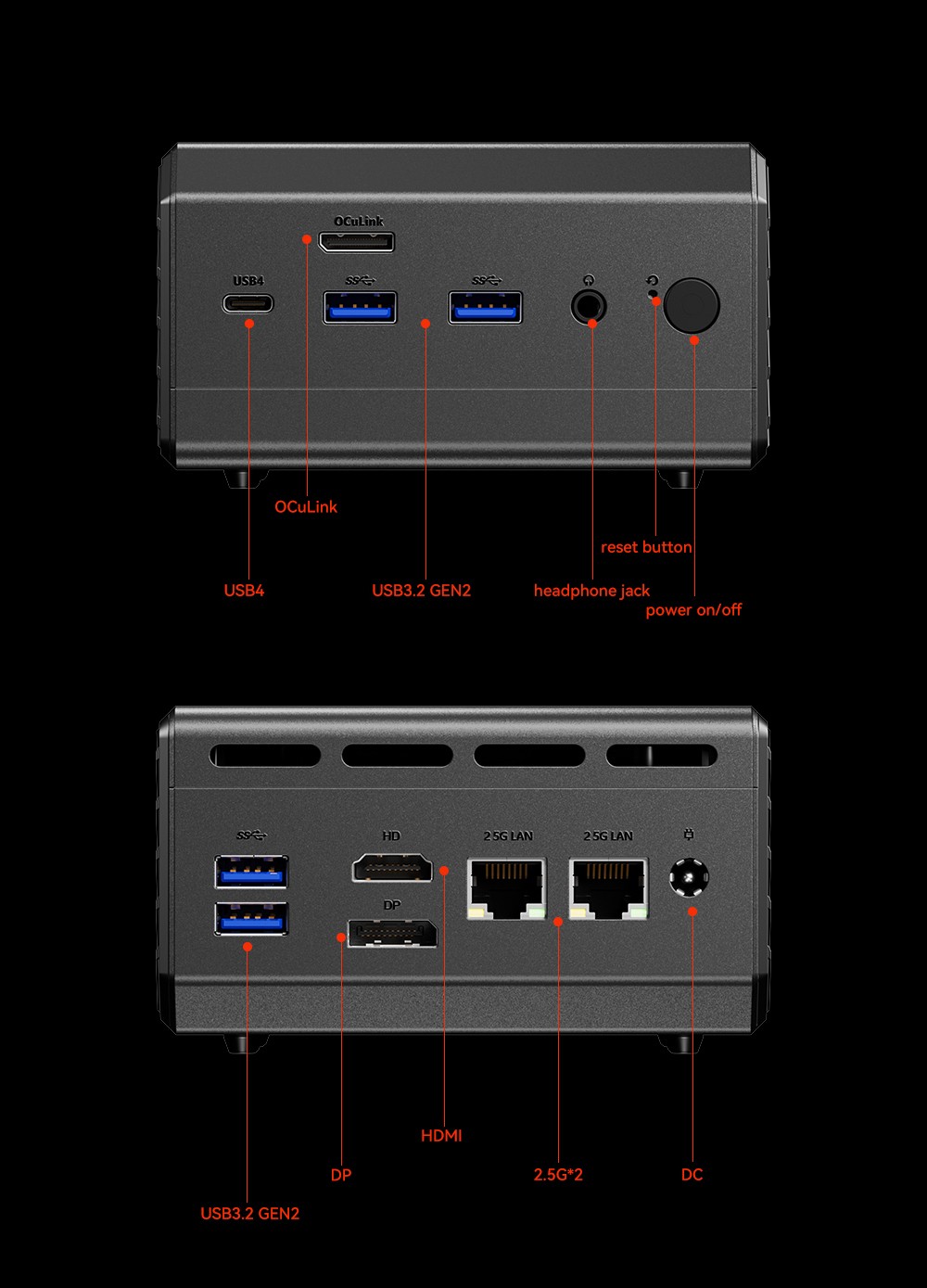 AOOSTAR GT37 Mini PC, AMD Ryzen AI9 HX370 12 jadier Max. 5.1GHz, 32GB LPDDR5X RAM 1TB SSD, trojitý displej HDMI+DP+USB4, WiFi 7 Bluetooth 5.3, 4*USB3.2, 2*2,5G RJ45, 1*OCulink, 1*Audio - EU Plug