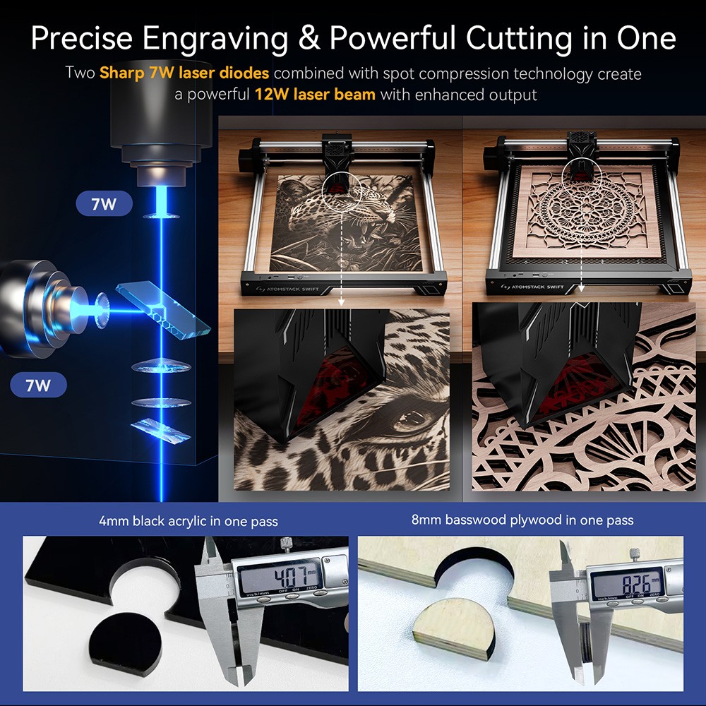 ATOMSTACK Swift 12W Laser Engraver, 10000mm/min Speed, 0.1mm Precision, 0.08x0.04mm Laser Spot, 300x300mm Working Area, Accessory Auto-Recognition, Compatible with Wood/Leather/Acrylic