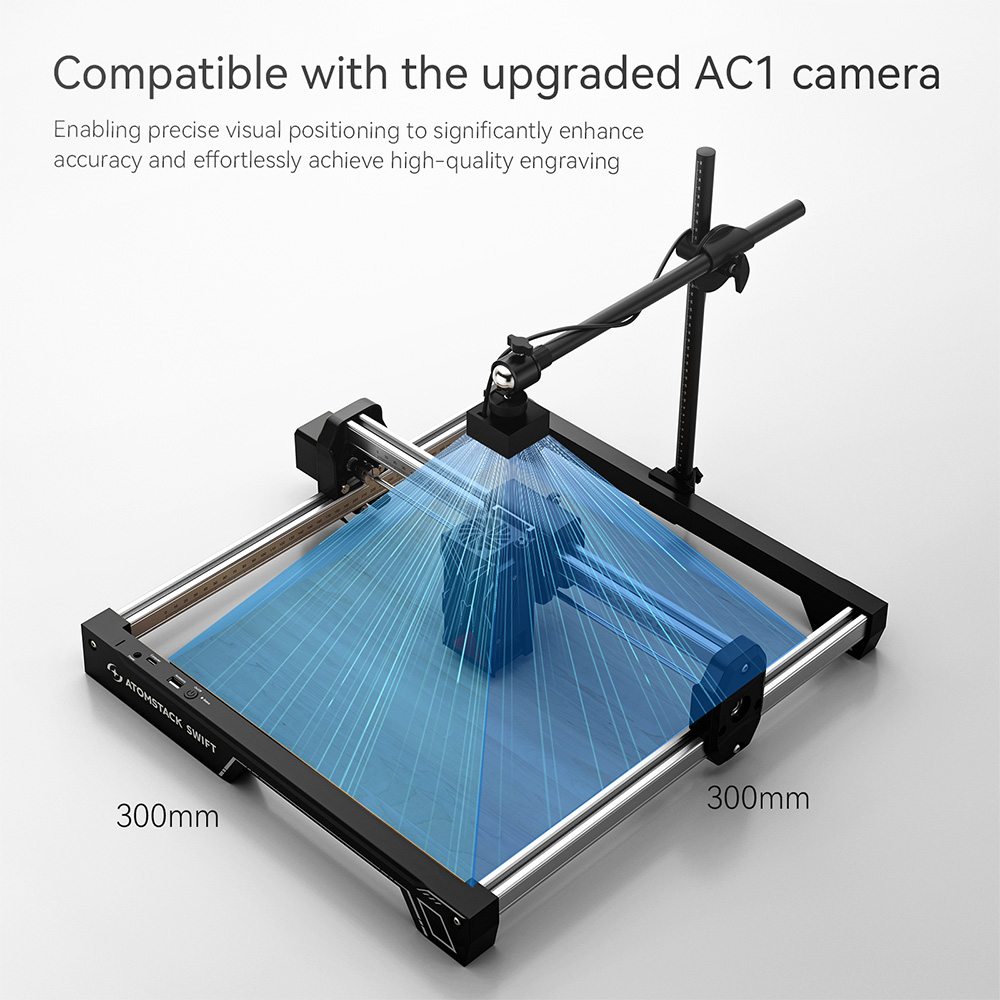 ATOMSTACK Swift 7W Laserový gravírovací stroj, rýchlosť 10000 mm/min, presnosť 0,1 mm, 0,08x0.04mm laserový bod, pracovná plocha 300x300mm, automatické rozpoznávanie príslušenstva, kompatibilný s drevom/kožou/akrylom