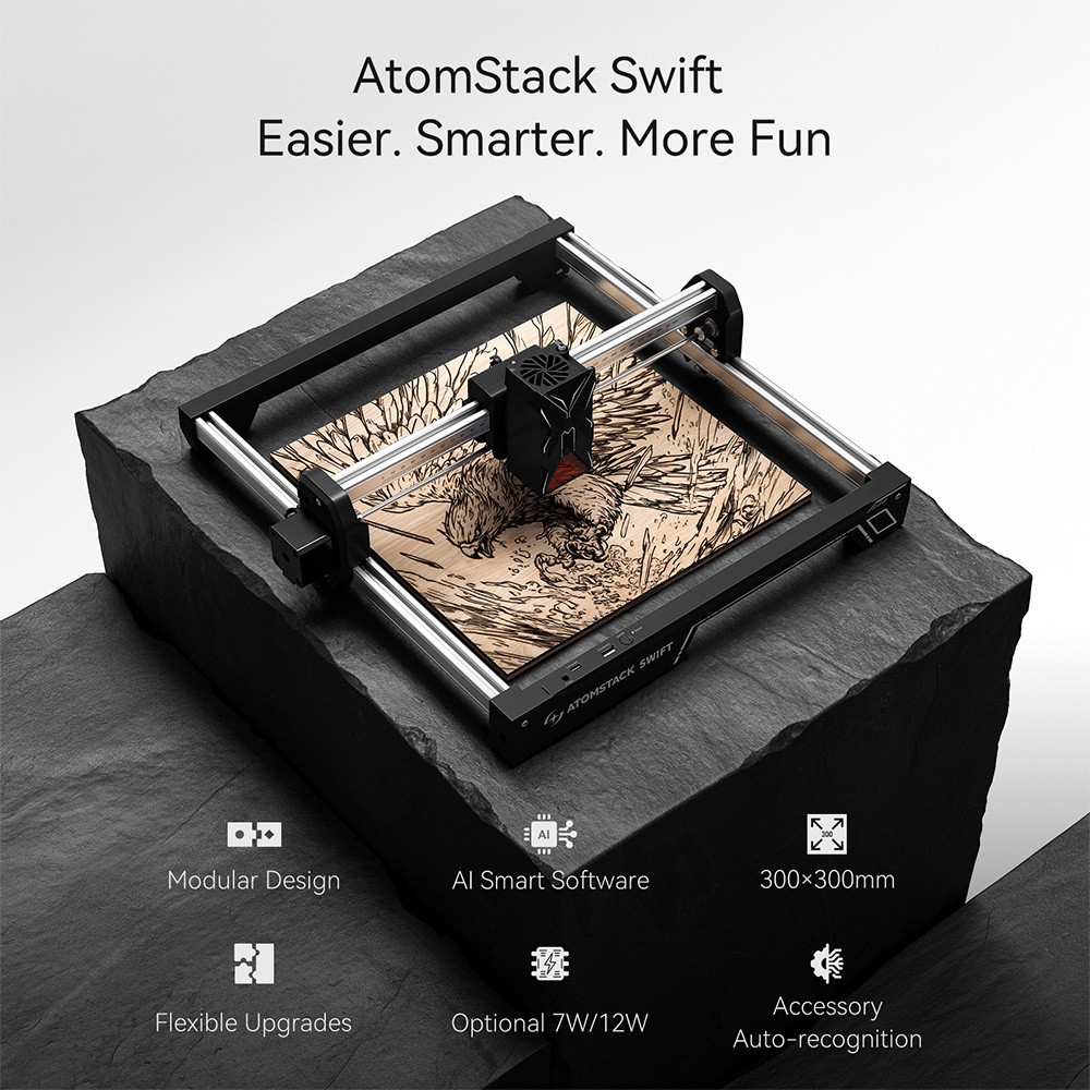 ATOMSTACK Swift 7W Laser Engraver, 10000mm/min Speed, 0.1mm Precision, 0.08x0.04mm Laser Spot, 300x300mm Working Area, Accessory Auto-Recognition, Compatible with Wood/Leather/Acrylic