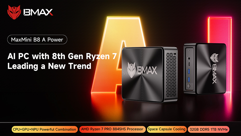 BMAX B8A Power AI Mini PC, AMD Ryzen 7 Pro 8845HS 8 jadier Max. 5.1GHz, 32GB RAM 1TB SSD, DP+HDMI+Type-C 4K Triple Display, WiFi 6 Bluetooth 5.2, 2*USB3.0, 2*USB2.0, 1*RJ45, 1*Headset Jack