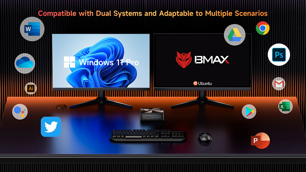 BMAX B8A Power AI Mini PC, AMD Ryzen 7 Pro 8845HS 8 jadier max. 5,1 GHz, 32 GB RAM 1 TB SSD, DP+HDMI+Type-C 4K Triple Display, WiFi 6 Bluetooth 5.2, 2*USB3.0, 2*USB2.0, 1*RJ45, 1*Headset Jack