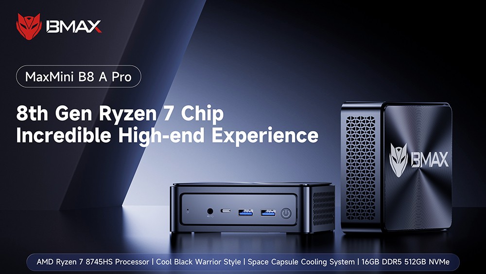 BMAX B8A Pro Mini PC, AMD R7 8745HS 8 jadier max. 4,9 GHz, 16 GB RAM 512 GB SSD, DP+HDMI+Type-C 4K Triple Display, WiFi 6 Bluetooth 5.2, 2*USB3.0, 2*USB2.0, 1*RJ45, 1*Headset Jack, Space Capsule Cooling System