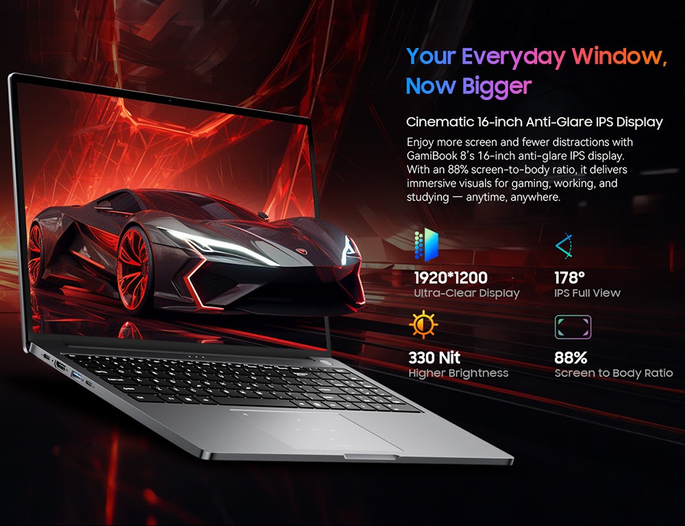 Blackview GamiBook 8 Ordinateur portable, &eacute;cran 16 pouces 1920*1200, AMD Ryzen 7 7735HS, 16GB RAM 512GB SSD, WiFi 6, batterie 57Wh, double haut-parleurs, 2*Type-C complet, 2*USB3.2, 1*USB2.0, 1*HDMI, 1* pour emplacement carte TF, 1 * prise audio