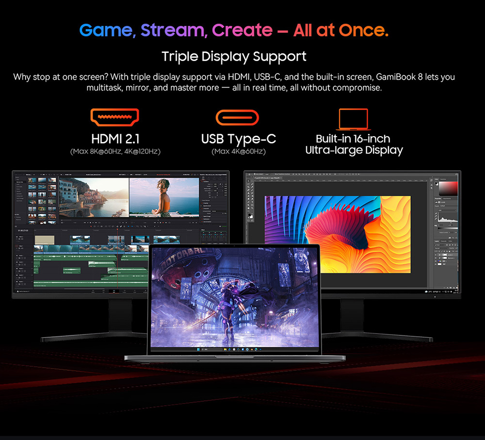 Blackview GamiBook 8 Ordinateur portable, &eacute;cran 16 pouces 1920*1200, AMD Ryzen 7 7735HS, 16GB RAM 512GB SSD, WiFi 6, batterie 57Wh, double haut-parleurs, 2*Type-C complet, 2*USB3.2, 1*USB2.0, 1*HDMI, 1* pour emplacement carte TF, 1 * prise audio