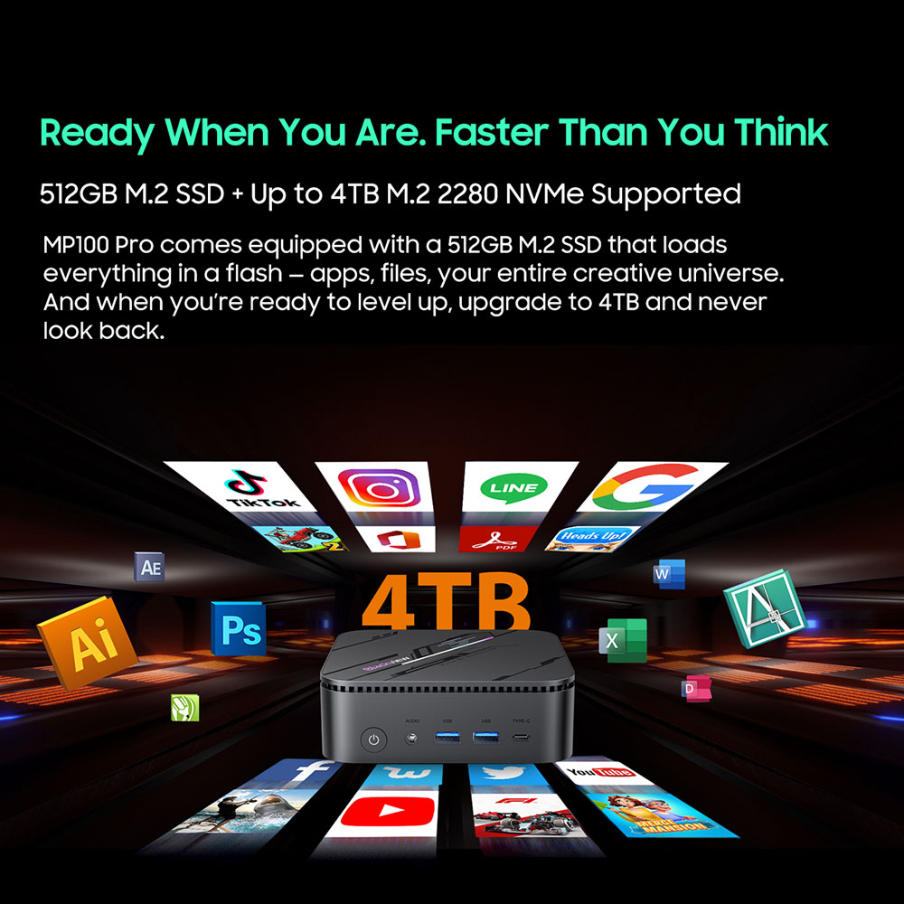 Blackview MP100 Pro Mini PC, Intel i5-12450H 8 jadier max. 4,4 GHz, 16 GB RAM 1 TB SSD, HDMI+DP+USB-C Triple 4K Display, WiFi 6 Bluetooth 5.2, 4*USB 3.2 Gen 1 Type-A, 2*USB 3.2 Gen 2 Type-A, 1*RJ45, 1*Audio Jack