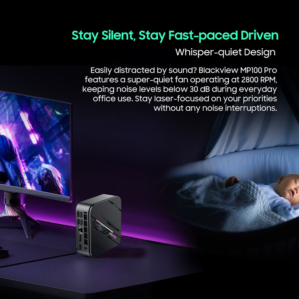 Blackview MP100 Pro Mini PC, Intel i5-12450H 8 jadier max. 4,4 GHz, 16 GB RAM 1 TB SSD, HDMI+DP+USB-C Trojitý 4K displej, WiFi 6 Bluetooth 5.2, 4*USB 3.2 Gen 1 Type-A, 2*USB 3.2 Gen 2 Type-A, 1*RJ45, 1*Audio Jack