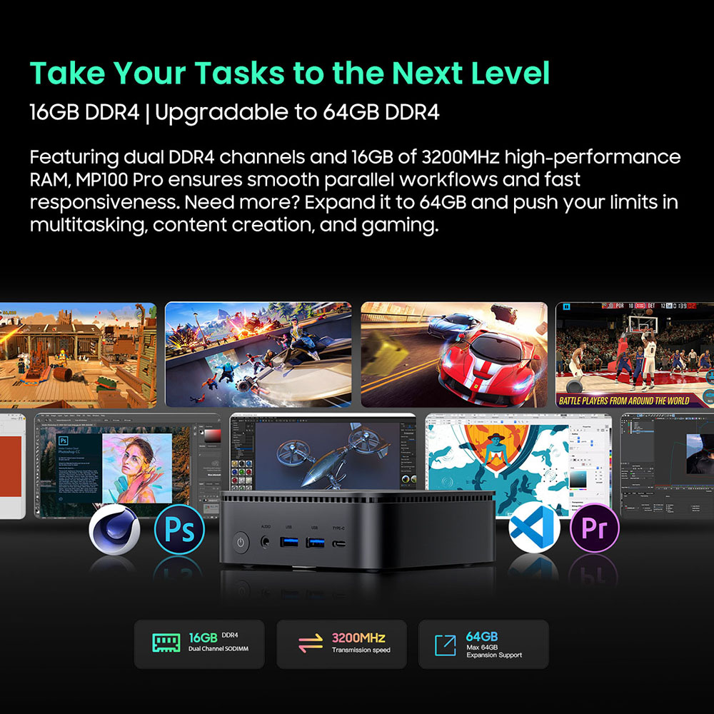 Blackview MP100 Pro Mini PC, Intel i5-12450H 8 jadier max. 4,4 GHz, 16 GB RAM 512 GB SSD, HDMI+DP+USB-C Triple 4K Display, WiFi 6 Bluetooth 5.2, 4*USB 3.2 Gen 1 Type-A, 2*USB 3.2 Gen 2 Type-A, 1*RJ45, 1*Audio Jack