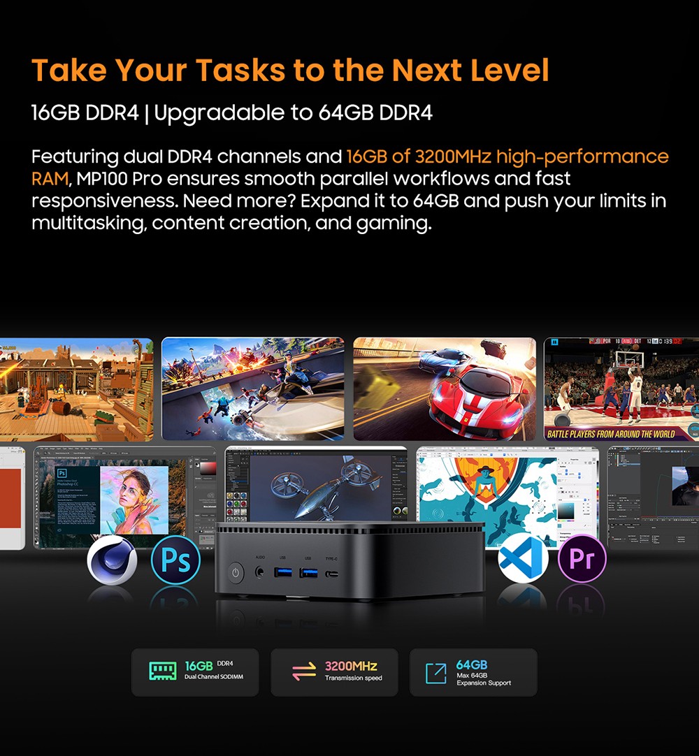 Blackview MP100 Pro Mini-PC, Intel i9-12900HK 14 Kerne Max 5,0 GHz, 16 GB RAM 512 GB SSD, HDMI+DP+USB-C Dreifach 4K Display, WiFi 6 Bluetooth 5.2, 4*USB 3.2 Gen 1 Typ-A, 2*USB 3.2 Gen 2 Typ-A, 1*RJ45, 1*Audioanschluss