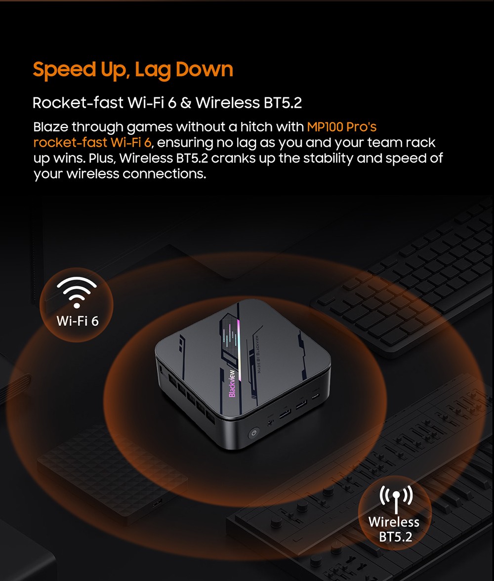 Blackview MP100 Pro Mini PC, Intel i9-12900HK 14 jadier max. 5,0 GHz, 16 GB RAM 512 GB SSD, HDMI+DP+USB-C Trojitý 4K displej, WiFi 6 Bluetooth 5.2, 4*USB 3.2 Gen 1 Type-A, 2*USB 3.2 Gen 2 Type-A, 1*RJ45, 1*Audio Jack