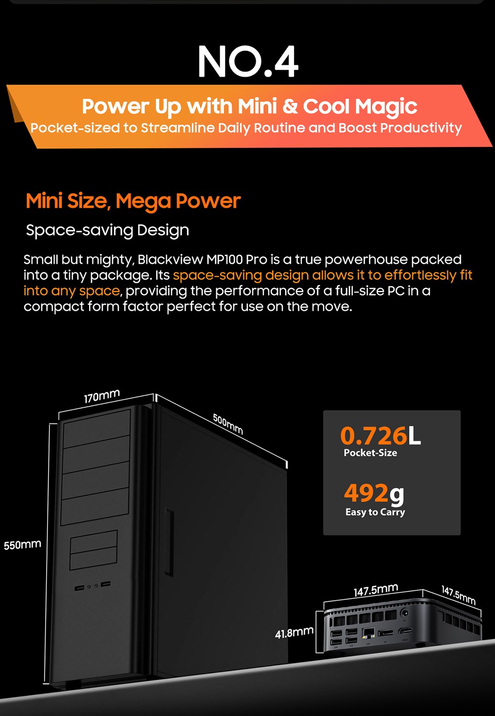 Blackview MP100 Pro Mini PC, Intel i9-12900HK 14 jadier max. 5,0 GHz, 16 GB RAM 512 GB SSD, HDMI+DP+USB-C Trojitý 4K displej, WiFi 6 Bluetooth 5.2, 4*USB 3.2 Gen 1 Type-A, 2*USB 3.2 Gen 2 Type-A, 1*RJ45, 1*Audio Jack
