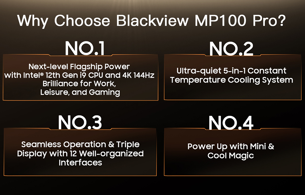 Blackview MP100 Pro Mini PC, Intel i9-12900HK 14 jadier max. 5,0 GHz, 16 GB RAM 512 GB SSD, HDMI+DP+USB-C Trojitý 4K displej, WiFi 6 Bluetooth 5.2, 4*USB 3.2 Gen 1 Type-A, 2*USB 3.2 Gen 2 Type-A, 1*RJ45, 1*Audio Jack