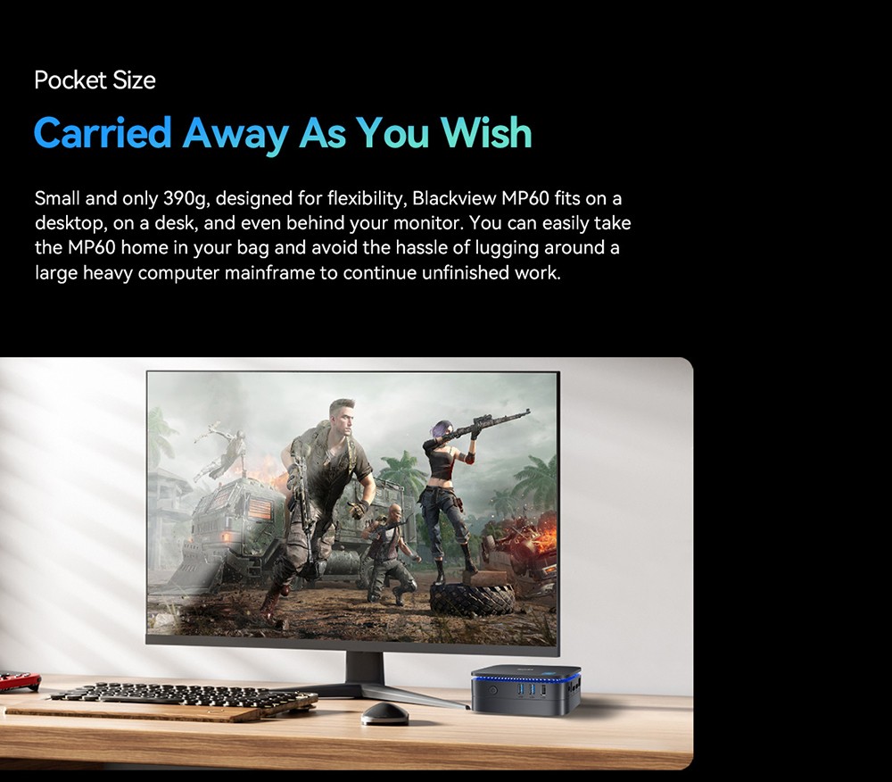 Blackview MP60 Mini PC, Intel N150 4 jadrá Max. 3,6GHz, 16GB RAM 512GB SSD, 2*HDMI Dual Screen Display, 16GB RAM 512GB SSD, Dual-band WiFi Bluetooth 4.2, 2*USB2.0, 2*USB3.0, 1*RJ45, 1*Headphone Jack
