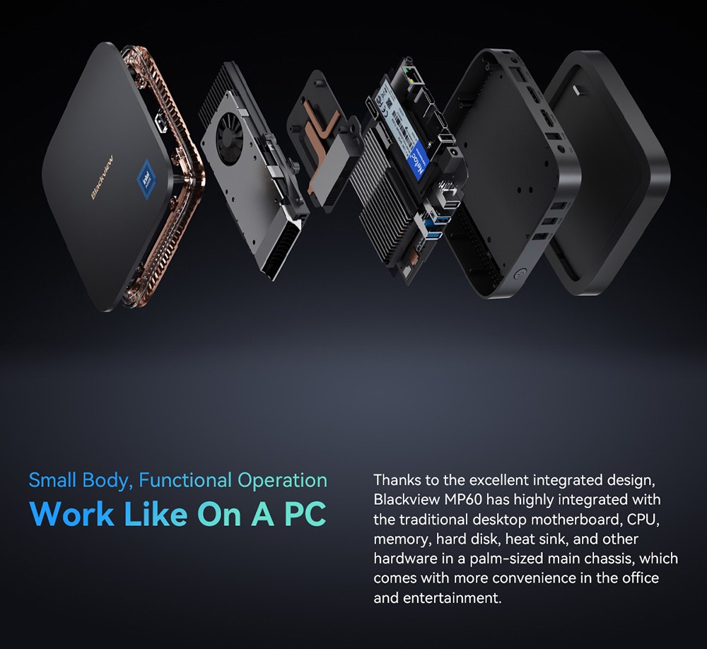 Blackview MP60 Mini PC, Intel N150 4 jadrá Max 3,6 GHz, 16 GB RAM 512 GB SSD, 2*HDMI Dual Screen Display, 16 GB RAM 512 GB SSD, Dual-band WiFi Bluetooth 4.2, 2*USB2.0, 2*USB3.0, 1*RJ45, 1*Headphone Jack