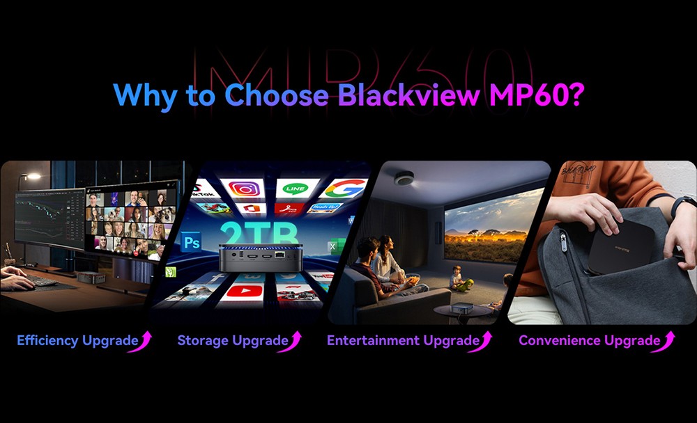 Blackview MP60 Mini PC, Intel N150 4 jadrá Max 3,6 GHz, 16 GB RAM 512 GB SSD, 2*HDMI Dual Screen Display, 16 GB RAM 512 GB SSD, Dual-band WiFi Bluetooth 4.2, 2*USB2.0, 2*USB3.0, 1*RJ45, 1*Headphone Jack