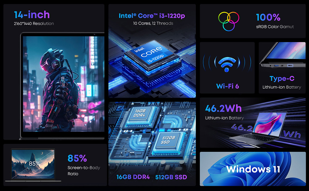 CHUWI CoreBook X Ordinateur portable, &eacute;cran 14 pouces 2160*1440, Intel Core i3-1220P, 16GB RAM 512 SSD, WiFi 6 Bluetooth 5.2, batterie 4000mAh, 1*Type-C complet, 2*USB3.0, 1*HDMI 1.4, 1*emplacement pour carte TF, 1*prise casque