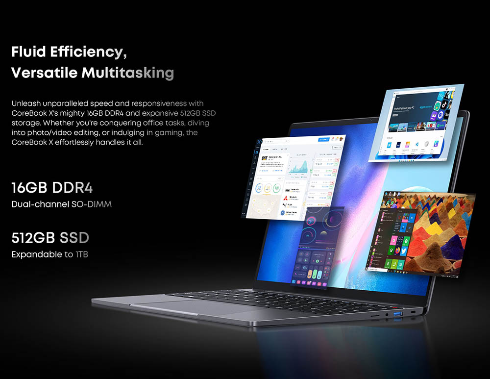 CHUWI CoreBook X Ordinateur portable, &eacute;cran 14 pouces 2160*1440, Intel Core i3-1220P, 16GB RAM 512 SSD, WiFi 6 Bluetooth 5.2, batterie 4000mAh, 1*Type-C complet, 2*USB3.0, 1*HDMI 1.4, 1*emplacement pour carte TF, 1*prise casque