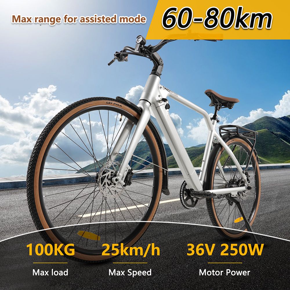 Elektrobicykel CMACEWHEEL F700-2, 250W motor, 36V 10Ah batéria, pneumatiky 700*38C, max. rýchlosť 25 km/h, dojazd 80 km, hydraulické kotúčové brzdy, Shimano 8 rýchlostí - strieborný