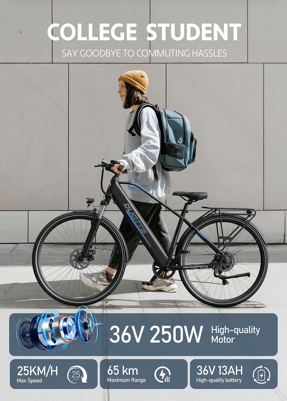 DUOTTS C29 Lite Elektrofahrrad, 250W Motor, 36V 13Ah Batterie, 27 Zoll Reifen, 25 km/h H&ouml;chstgeschwindigkeit, 65 km Reichweite, mechanische Scheibenbremsen, Vorderradfederung, Shimano 7-Gang