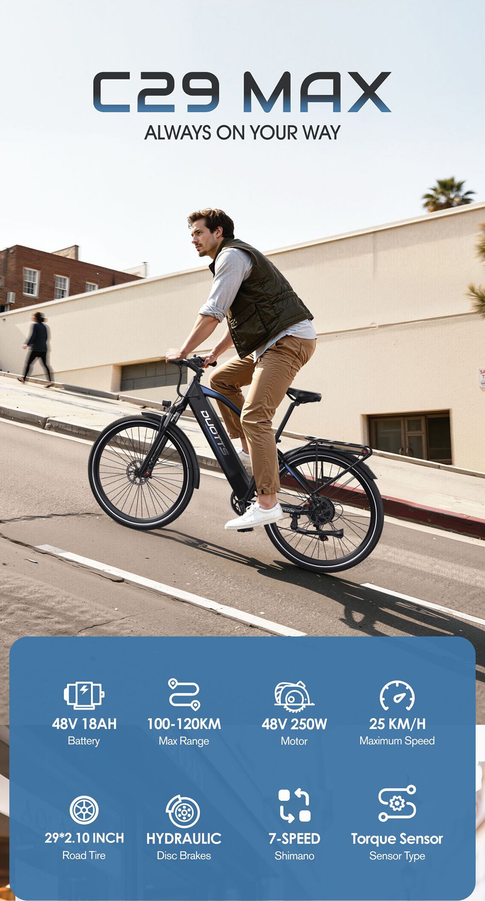 DUOTTS C29 Max Elektrofahrrad, 250-W-Motor, 48-V-18-Ah-Akku, 29-Zoll-Reifen, 25 km/h H&ouml;chstgeschwindigkeit, 120 km Reichweite, hydraulische Scheibenbremsen, Vorderradgabelfederung, Shimano 7-Gang