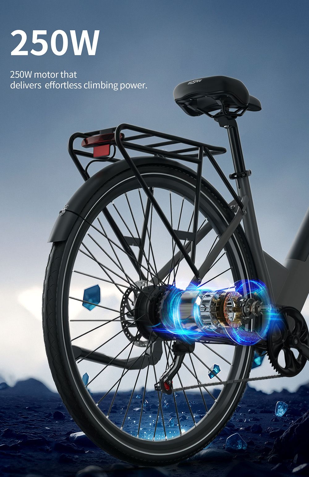 DUOTTS OT12 Electric Bike, 250W Motor, 36V 13Ah Battery, 27.5 palcové pneumatiky, max. rýchlosť 25 km/h, dojazd 65 km, predné & zadné mechanické kotúčové brzdy, predná odpružená vidlica, Shimano 7 rýchlostí - sivá