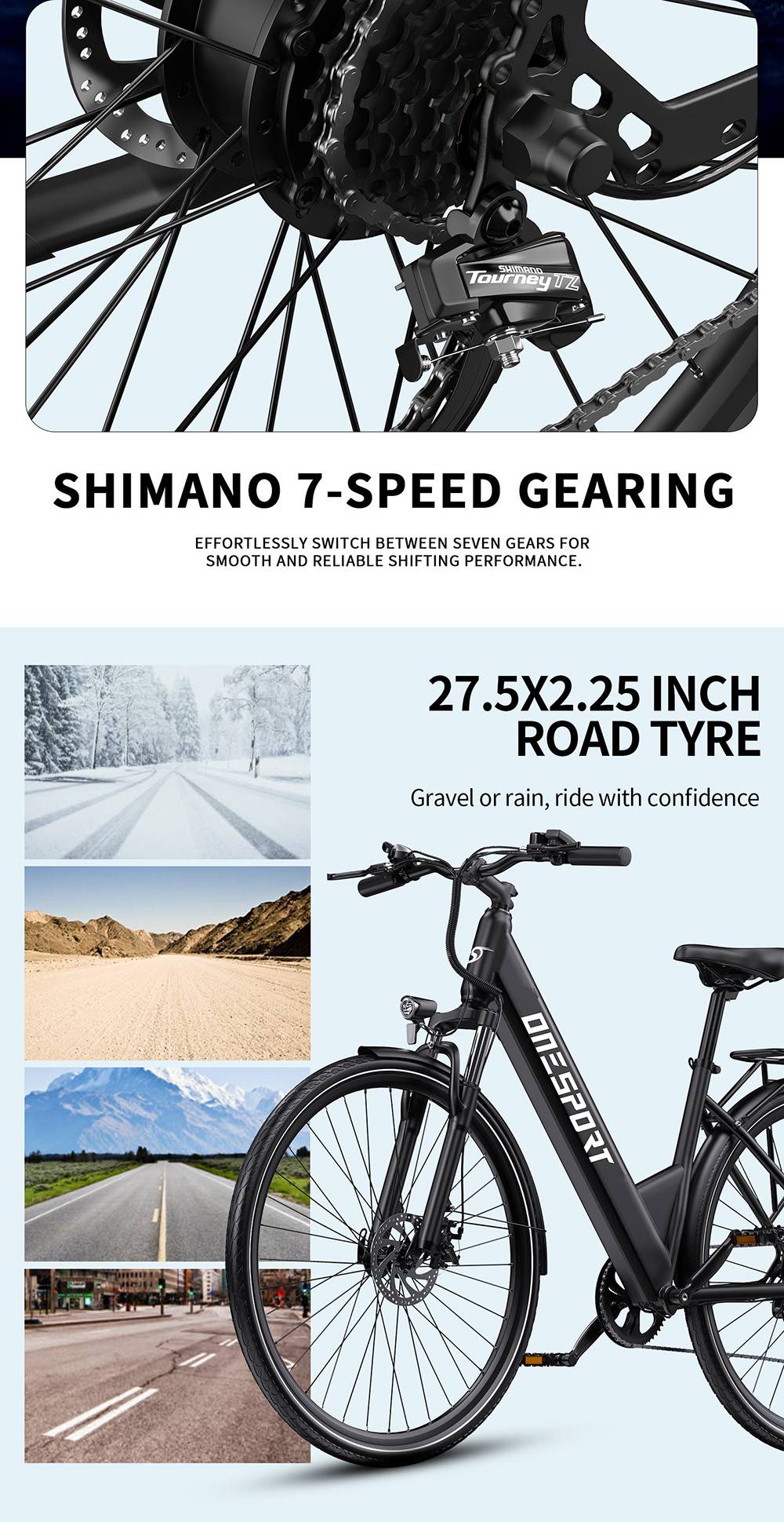 DUOTTS OT12 Electric Bike, 250W Motor, 36V 13Ah Battery, 27.5 palcové pneumatiky, max. rýchlosť 25km/h, dojazd 65km, predné & zadné mechanické kotúčové brzdy, predná odpružená vidlica, Shimano 7 rýchlostí - sivá