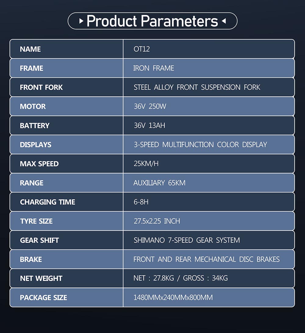 Elektrobicykel DUOTTS OT12, 250W motor, 36V 13Ah batéria, 27.5 palcové pneumatiky, max. rýchlosť 25km/h, dojazd 65km, predné & zadné mechanické kotúčové brzdy, predná odpružená vidlica, Shimano 7 rýchlostí - sivá