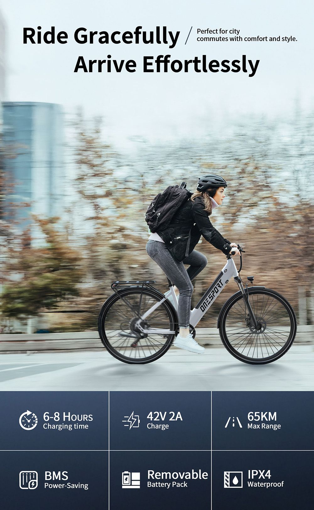 Elektrobicykel DUOTTS OT12, 250W motor, 36V 13Ah batéria, 27.5 palcové pneumatiky, max. rýchlosť 25km/h, dojazd 65km, predné & zadné mechanické kotúčové brzdy, predná odpružená vidlica, Shimano 7 rýchlostí - biely