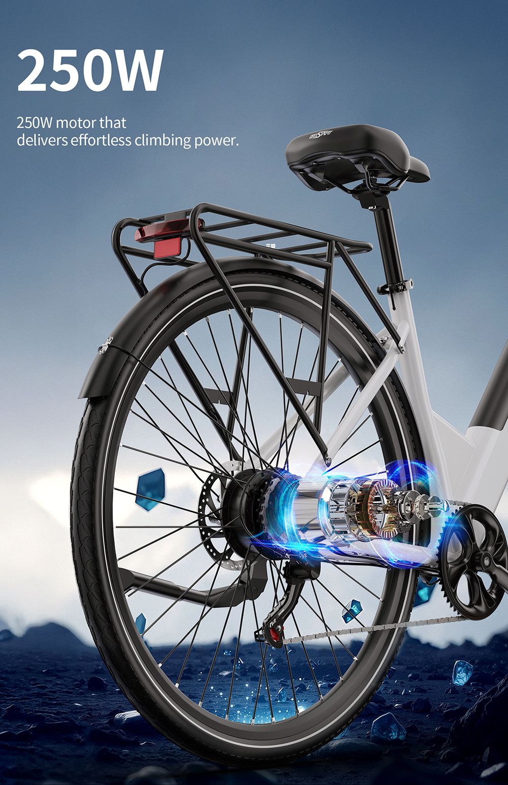 DUOTTS OT12 Electric Bike, 250W Motor, 36V 13Ah Battery, 27.5 palcové pneumatiky, max. rýchlosť 25 km/h, dojazd 65 km, predné & zadné mechanické kotúčové brzdy, predná odpružená vidlica, Shimano 7 rýchlostí - biely