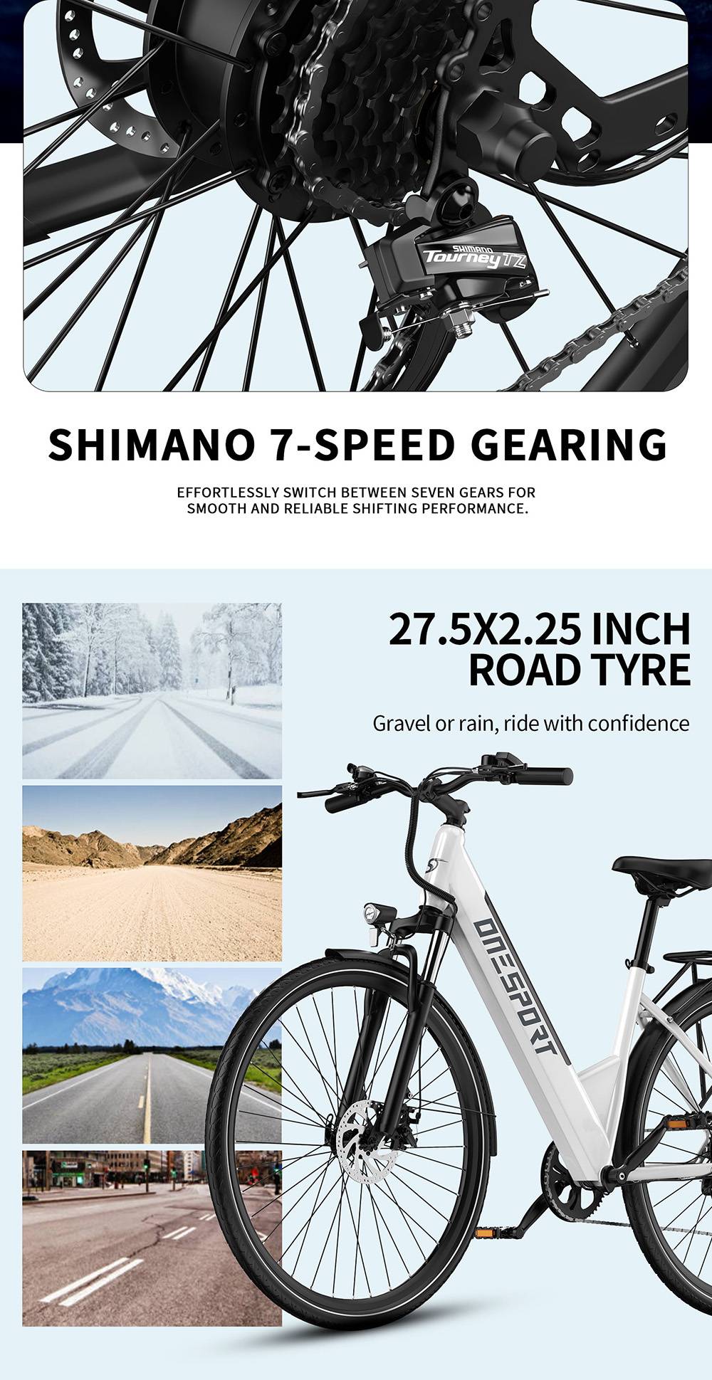 DUOTTS OT12 Electric Bike, 250W Motor, 36V 13Ah Battery, 27.5 palcové pneumatiky, max. rýchlosť 25 km/h, dojazd 65 km, predné & zadné mechanické kotúčové brzdy, predná odpružená vidlica, Shimano 7 rýchlostí - biely