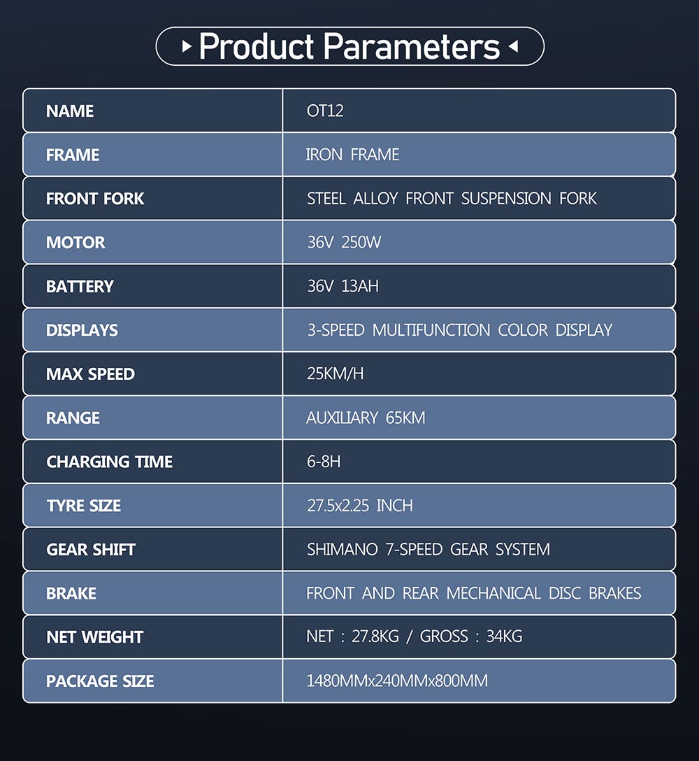 Elektrobicykel DUOTTS OT12, 250W motor, 36V 13Ah batéria, 27,5 palcové pneumatiky, max. rýchlosť 25 km/h, dojazd 65 km, predné & zadné mechanické kotúčové brzdy, predná odpružená vidlica, Shimano 7 rýchlostí - biely