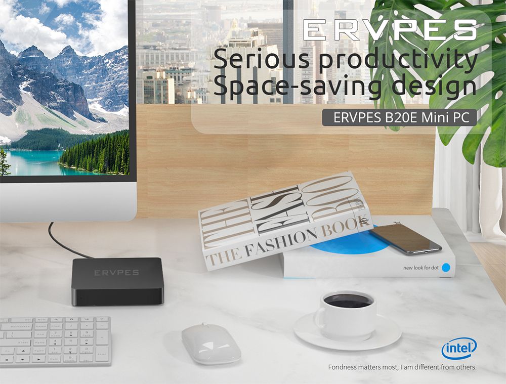 ERVPES B20E Mini PC, Intel J3710 4 jadrá max. 2,64 GHz, 8 GB RAM 128 GB SSD, dvojobrazovkový displej, WiFi 5 Bluetooth 5.0, 2*USB3.0, 2*USB2.0, 1*Slot na kartu micro SD, 1*HDMI, 1*VGA, 1*RJ45, 1*Slúchadlový konektor