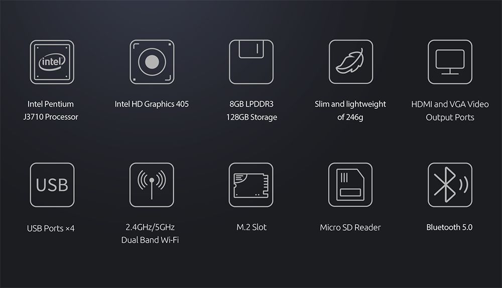 ERVPES B20E Mini PC, Intel J3710 4 jadrá max. 2,64GHz, 8GB RAM 128GB SSD, Dual Screen Display, WiFi 5 Bluetooth 5.0, 2*USB3.0, 2*USB2.0, 1*Slot na kartu micro SD, 1*HDMI, 1*VGA, 1*RJ45, 1*Slúchadlový konektor