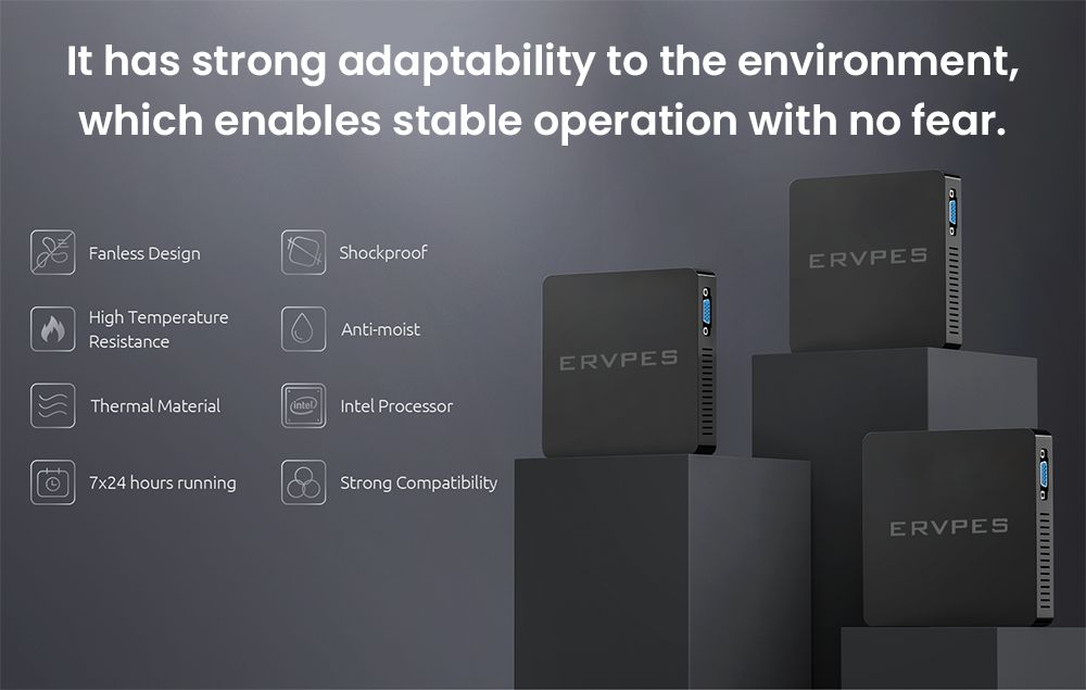 ERVPES B20E Mini PC, Intel J3710 4 jadrá max. 2,64GHz, 8GB RAM 128GB SSD, Dual Screen Display, WiFi 5 Bluetooth 5.0, 2*USB3.0, 2*USB2.0, 1*Slot na kartu micro SD, 1*HDMI, 1*VGA, 1*RJ45, 1*Slúchadlový konektor