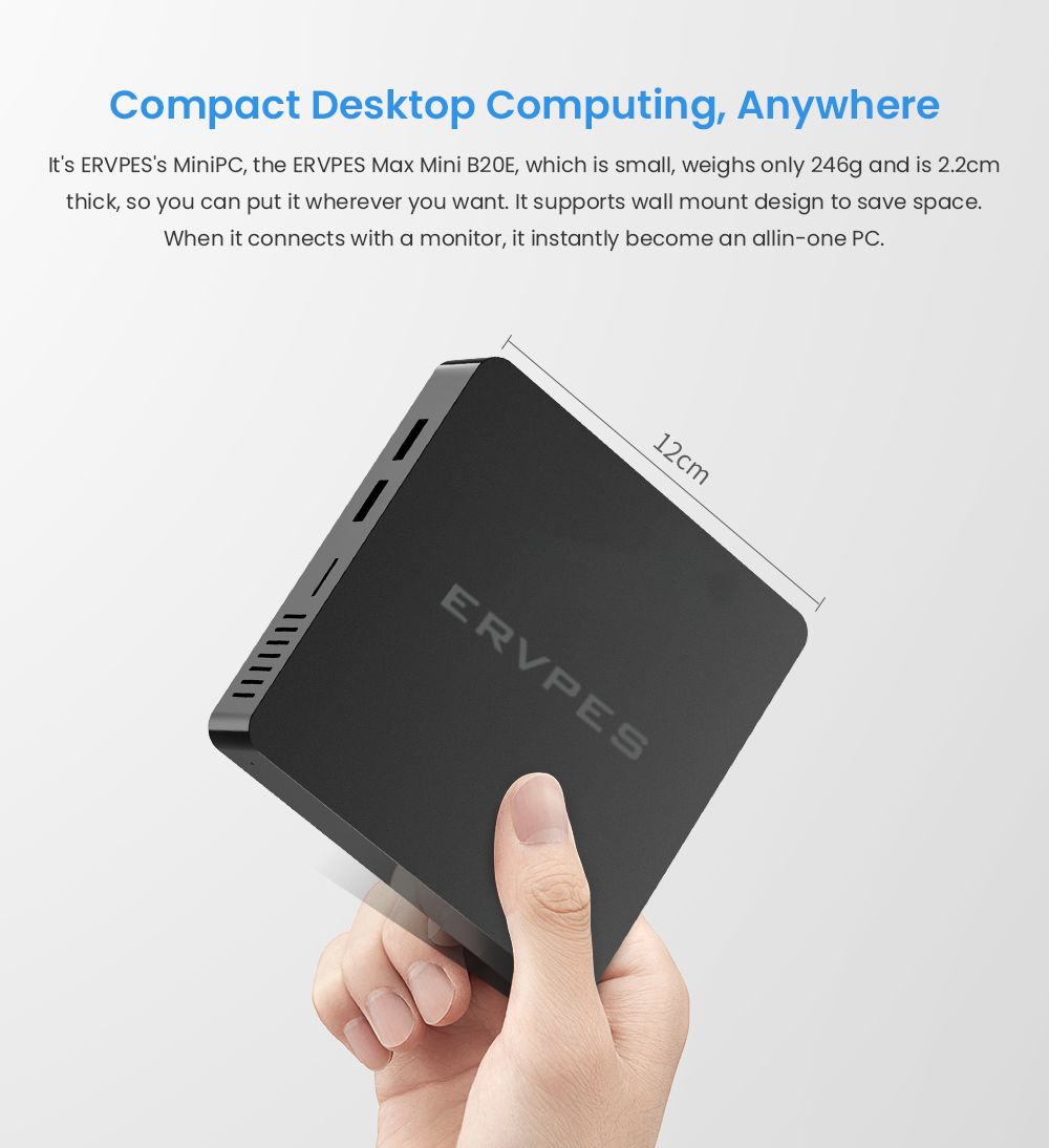 ERVPES B20E Mini PC, Intel J3710 4 jadrá max. 2,64GHz, 8GB RAM 128GB SSD, Dual Screen Display, WiFi 5 Bluetooth 5.0, 2*USB3.0, 2*USB2.0, 1*Slot na kartu micro SD, 1*HDMI, 1*VGA, 1*RJ45, 1*Slúchadlový konektor
