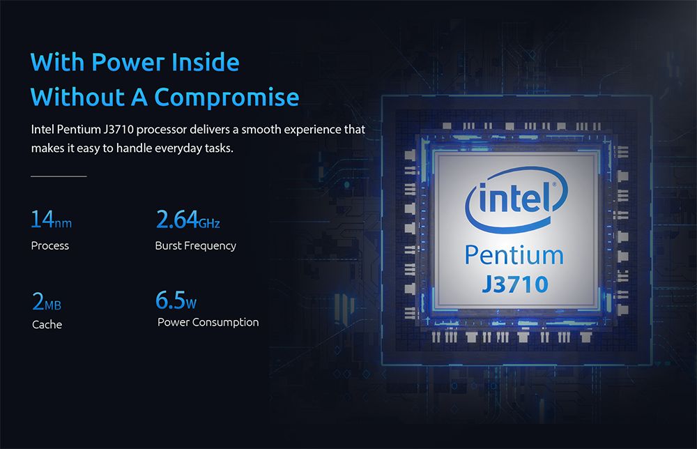 ERVPES B20E Mini PC, Intel J3710 4 jadrá max. 2,64GHz, 8GB RAM 128GB SSD, Dual Screen Display, WiFi 5 Bluetooth 5.0, 2*USB3.0, 2*USB2.0, 1*Slot na kartu micro SD, 1*HDMI, 1*VGA, 1*RJ45, 1*Slúchadlový konektor