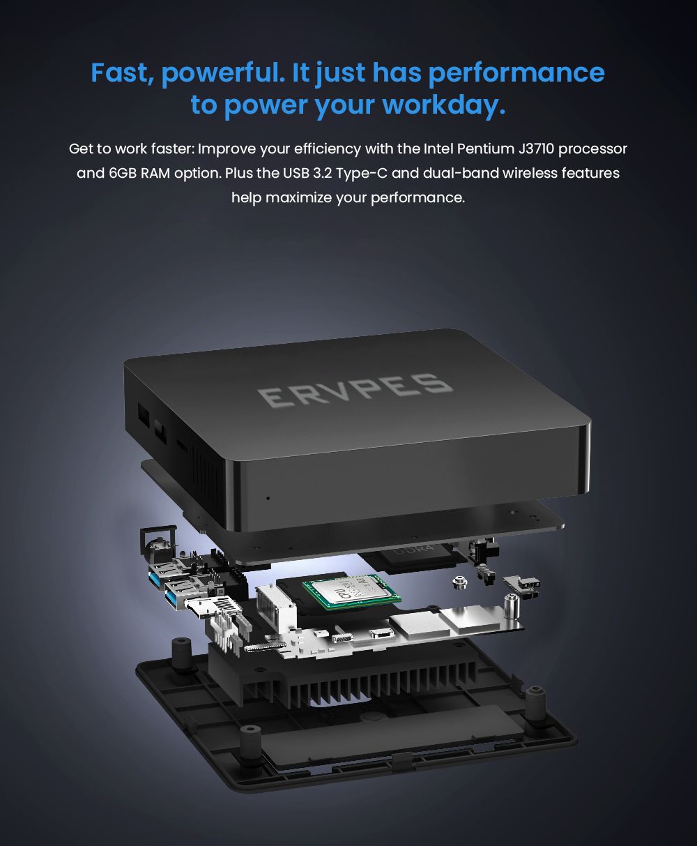 ERVPES B20E Mini PC, Intel J3710 4 jadrá max. 2,64GHz, 8GB RAM 128GB SSD, Dual Screen Display, WiFi 5 Bluetooth 5.0, 2*USB3.0, 2*USB2.0, 1*Slot na kartu micro SD, 1*HDMI, 1*VGA, 1*RJ45, 1*Slúchadlový konektor