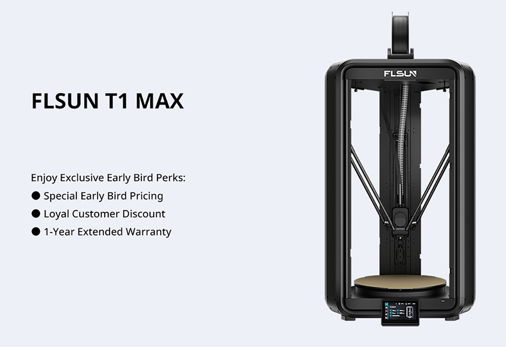 Flsun T1 Max 3D Printer, 1000mm/s Printing Speed, 300mmx297mm Build Volume, 300℃ High-temp Hotend, 0.1mm Precision, Auto-Leveling, Cluster Control, Dual Band 2.4G/5G WiFi 6, Compatible with PLA/PETG/TPU