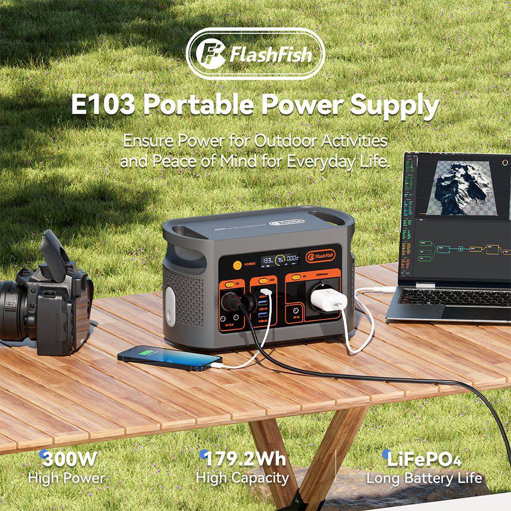 Flashfish E103 300W Portable Power Station, 179.2Wh LiFePO4 Battery, Fast AC Recharge, Pure Sine Wave Inverter, Multi-Output Solar Generator for Outdoor/Camping/Emergency Power